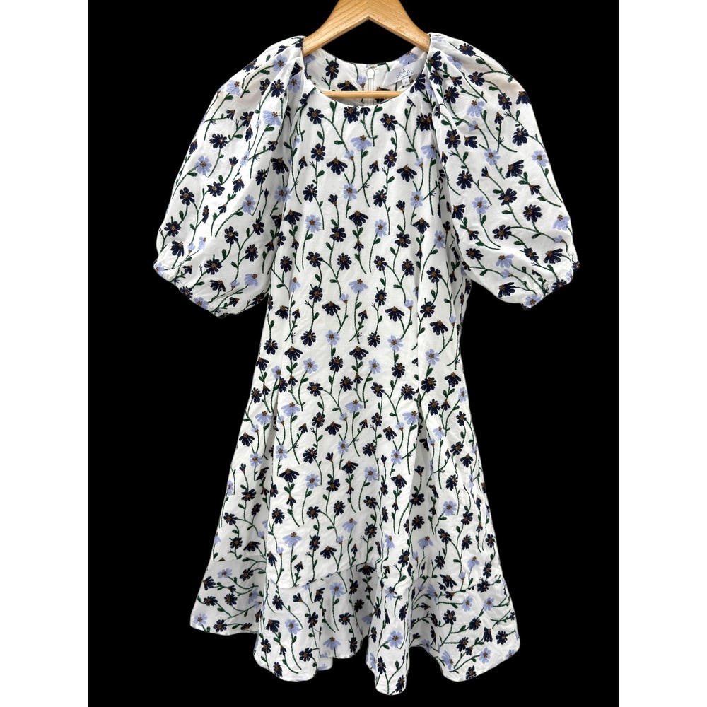 Pearl by Lela Rose Cotton Dress White Floral Embroidered Puff Sleeve 10 Classic